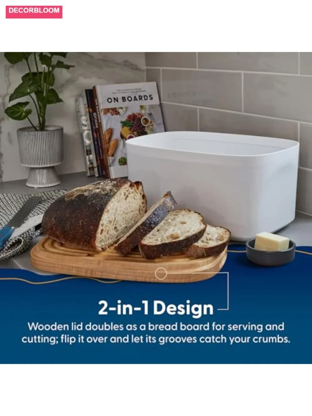 Large Bread Box with Wood Lid Bamboo Fiber Recycled Plastic Kitchen Storage